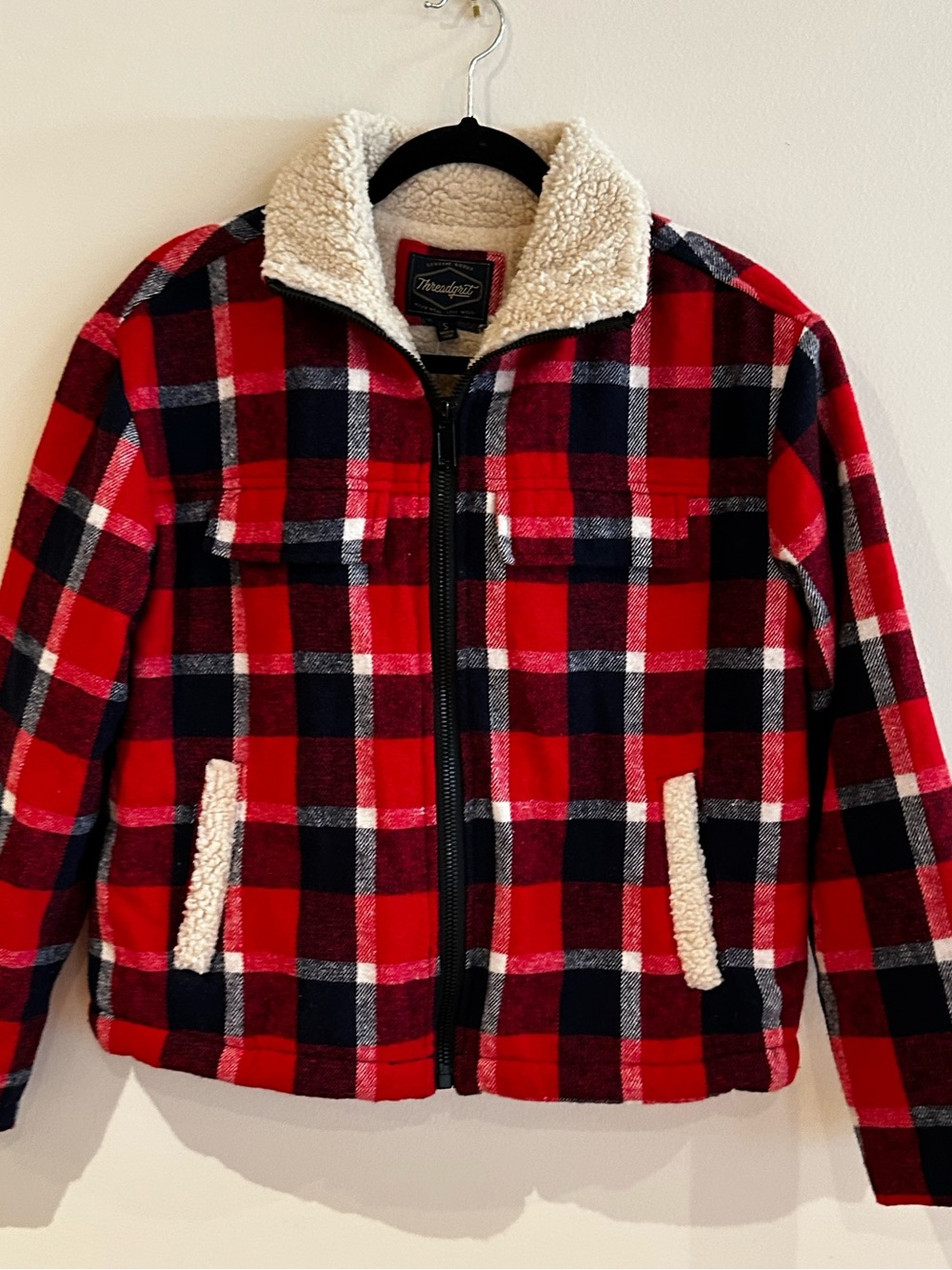 THREADGRIP Women sz SMALL Red Plaid RED/Blue Sherpa Lined Full Zip Jacket NEW!